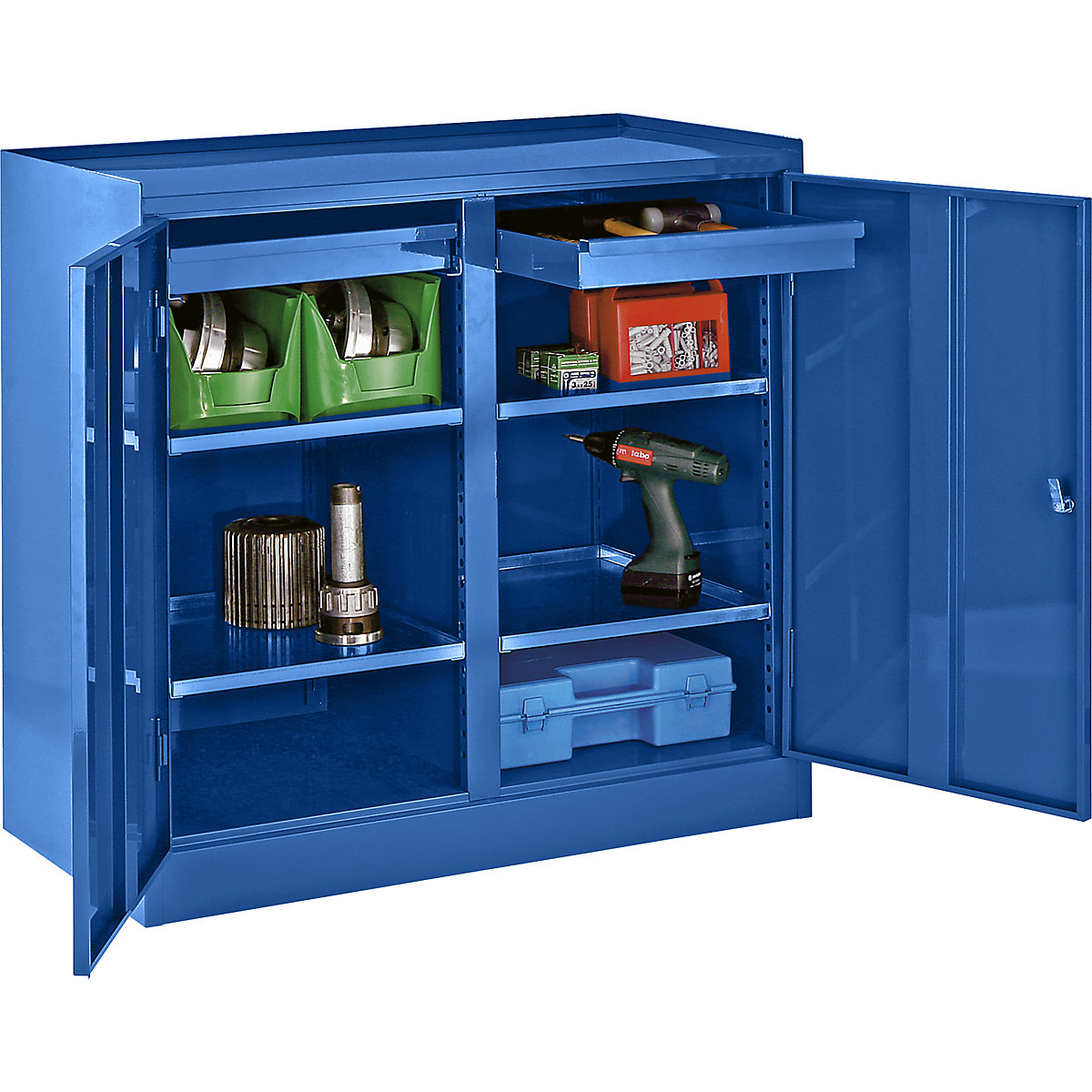 Armoire à outils – eurokraft basic, avec cloison médiane, 2 tiroirs, 4 tablettes, bleu gentiane RAL 5010-2
