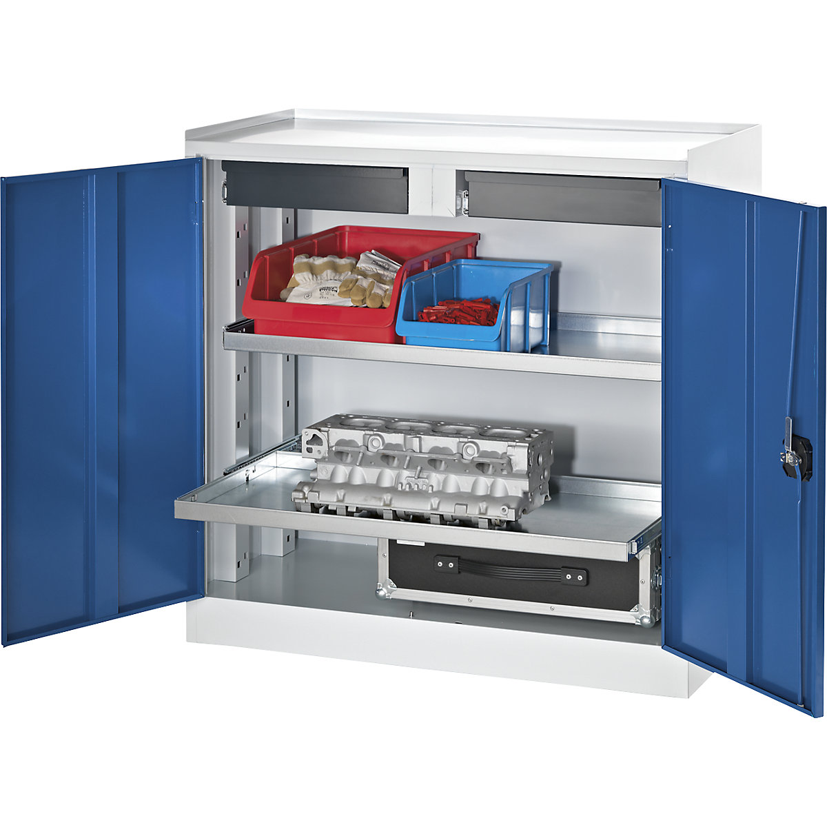 Armoire à outils – eurokraft pro, 2 tiroirs, 2 tablettes sur toute la largeur, portes bleu gentiane