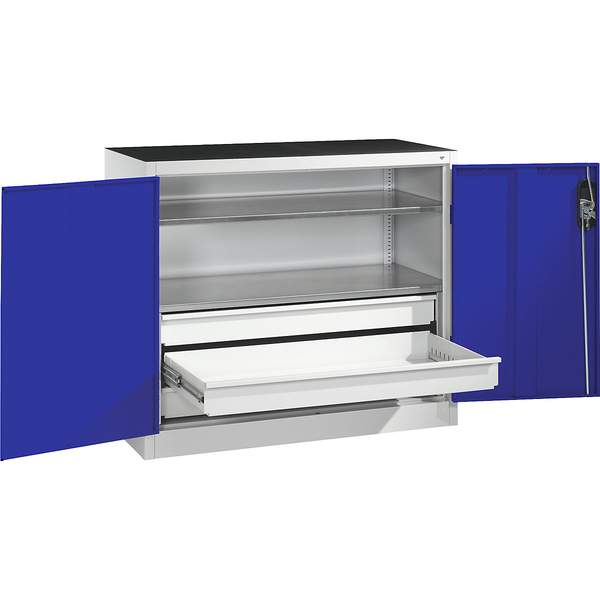 Armoire d'atelier hauteur bureau avec portes battantes et tiroirs – C+P, h x l x p 1000 x 1200 x 500 mm, gris clair / bleu gentiane-7