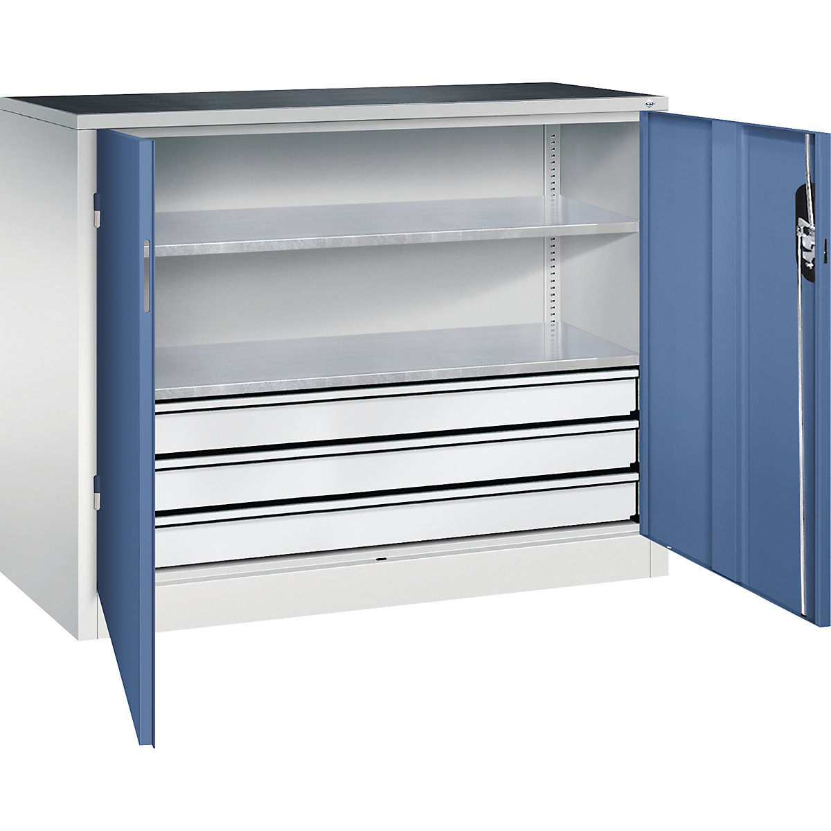 Armoire d'atelier hauteur bureau avec portes battantes et tiroirs – C+P, h x l x p 1000 x 1200 x 500 mm, gris clair / bleu distant-5