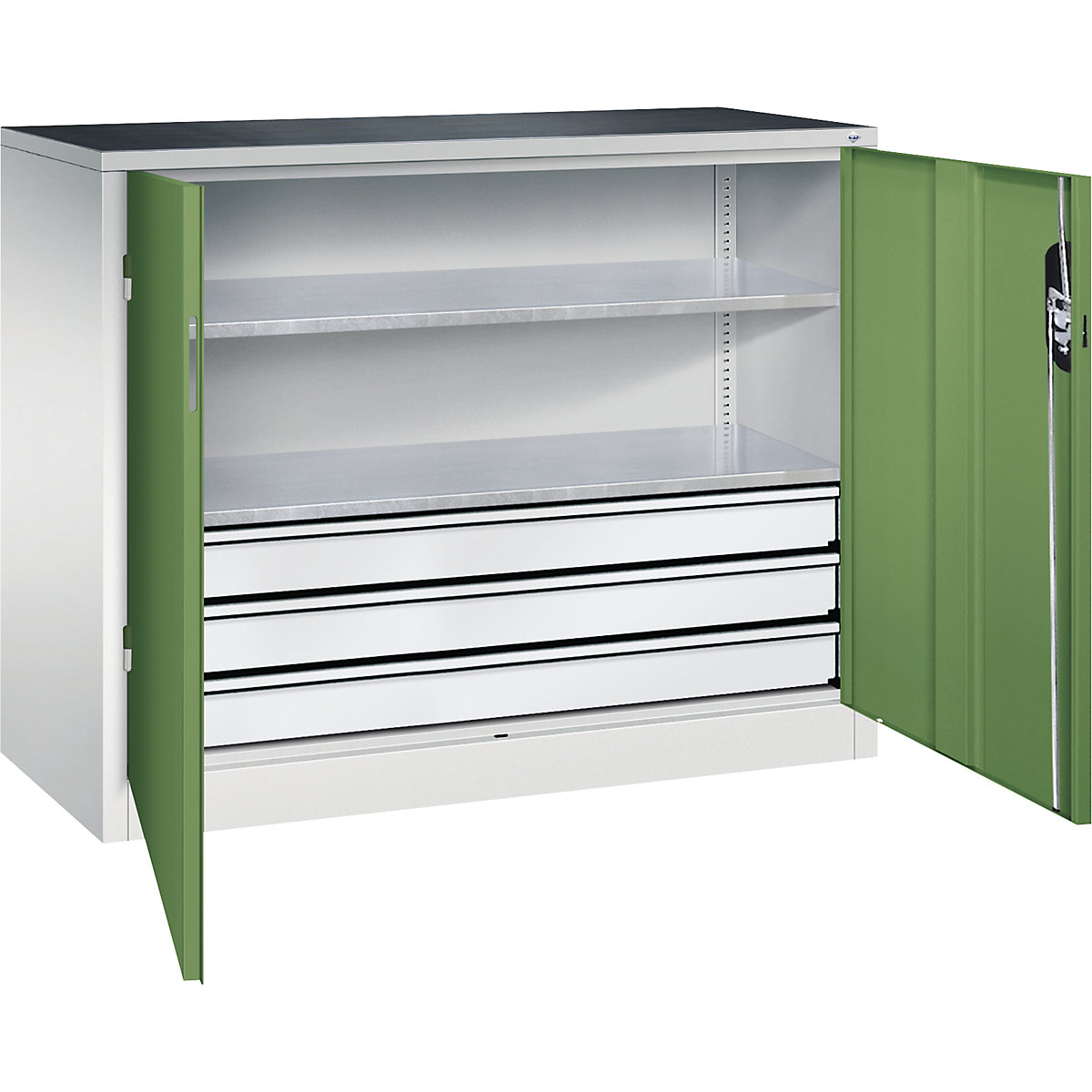 Armoire d'atelier hauteur bureau avec portes battantes et tiroirs – C+P, h x l x p 1000 x 1200 x 500 mm, gris clair / vert réséda-9