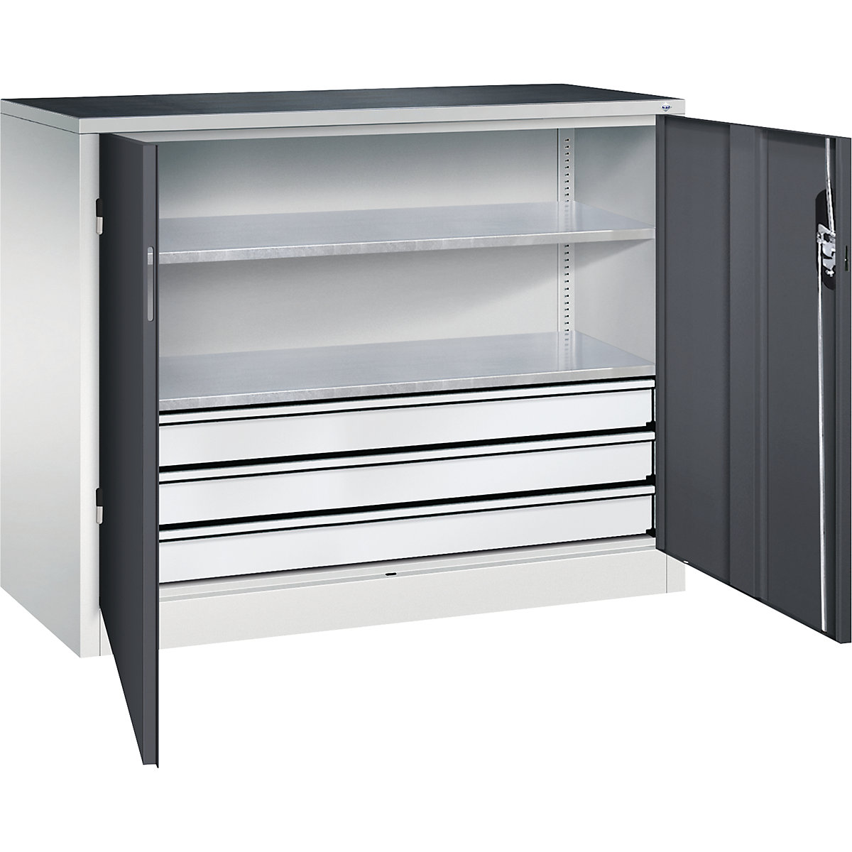 Armoire d'atelier hauteur bureau avec portes battantes et tiroirs – C+P, h x l x p 1000 x 1200 x 500 mm, gris clair / gris noir-4
