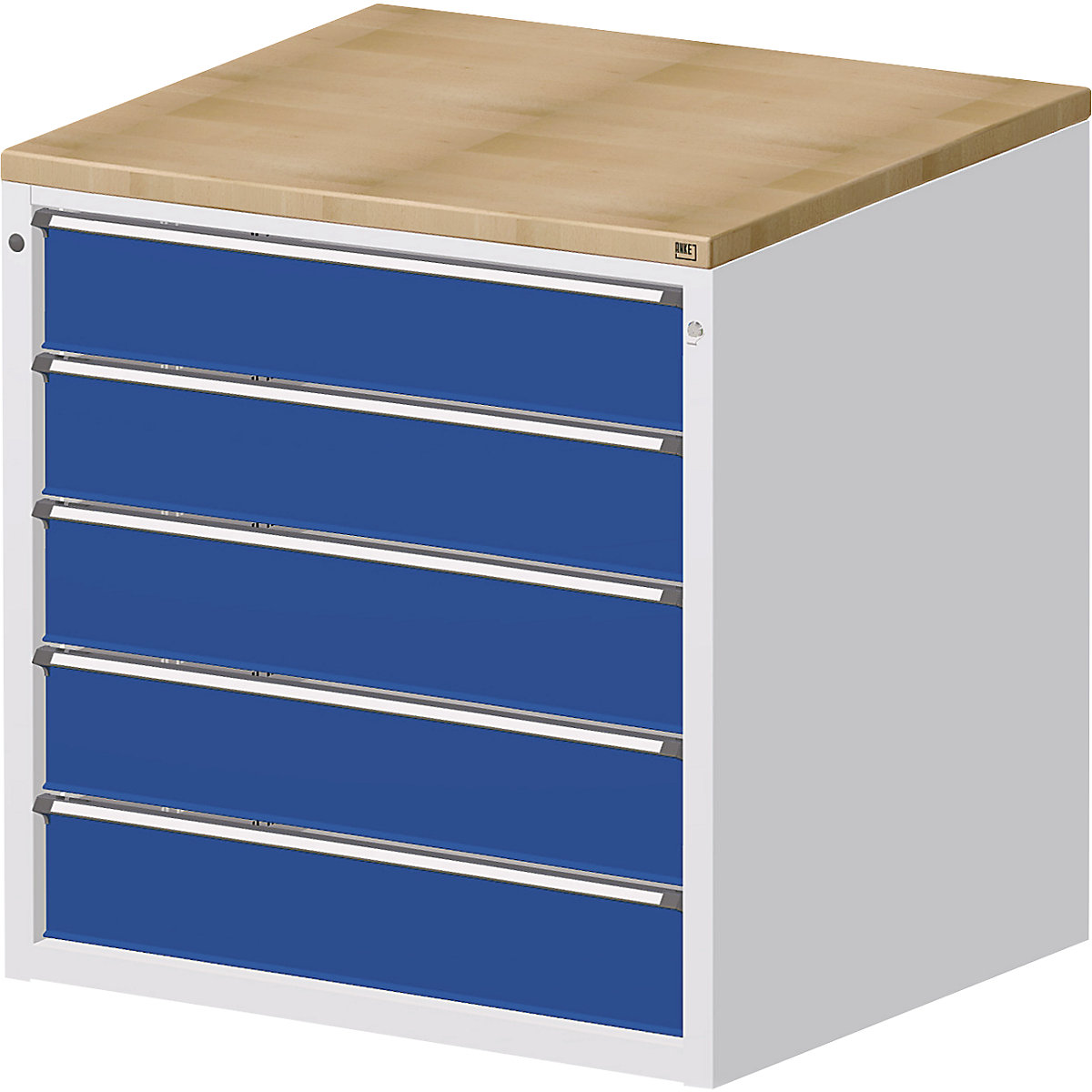 ANKE – Armoire pour comptoir de distribution, 5 tiroirs hauteur 180 mm, gris / bleu