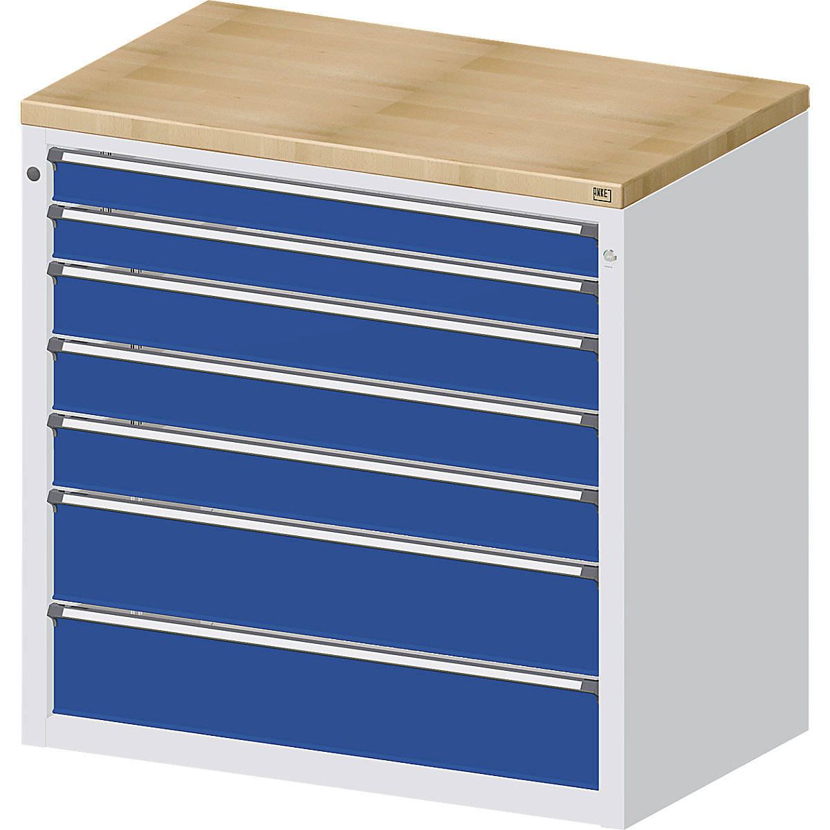 ANKE – Armoire pour comptoir de distribution, 2 tiroirs 90 mm, 3 tiroirs 120 mm, 2 tiroirs 180 mm, gris / bleu
