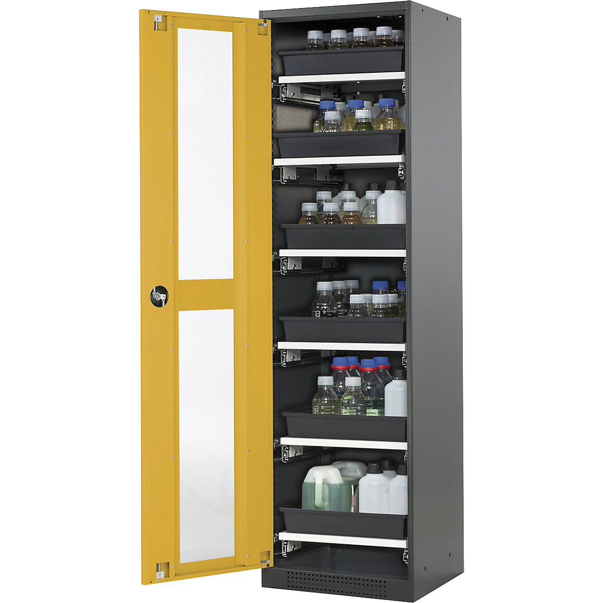 Armoire de laboratoire pour produits chimiques – asecos, 1 porte, armoire haute, 6 tablettes coulissantes, avec vitre, jaune-3