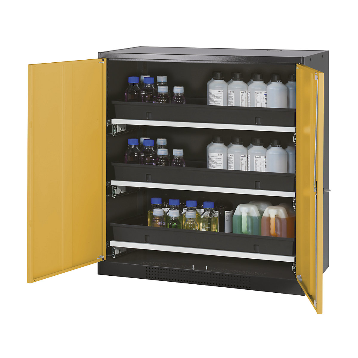 asecos – Armoire de laboratoire pour produits chimiques, 2 portes, mi-hauteur, 3 tablettes coulissantes, sans vitre, jaune