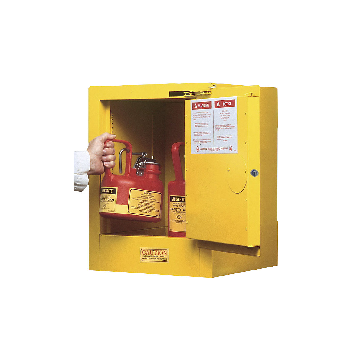 Petite armoire de sécurité FM – Justrite, armoire à poser, une porte, fermeture automatique, jaune