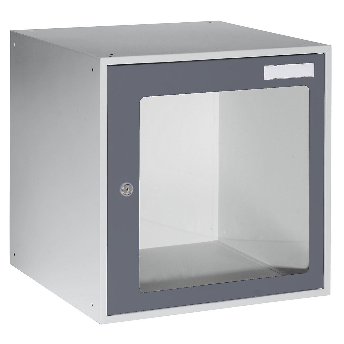 EUROKRAFTbasic – Casier verrouillable vitré, h x l x p 450 x 450 x 450 mm, cadre de porte gris basalte RAL 7012