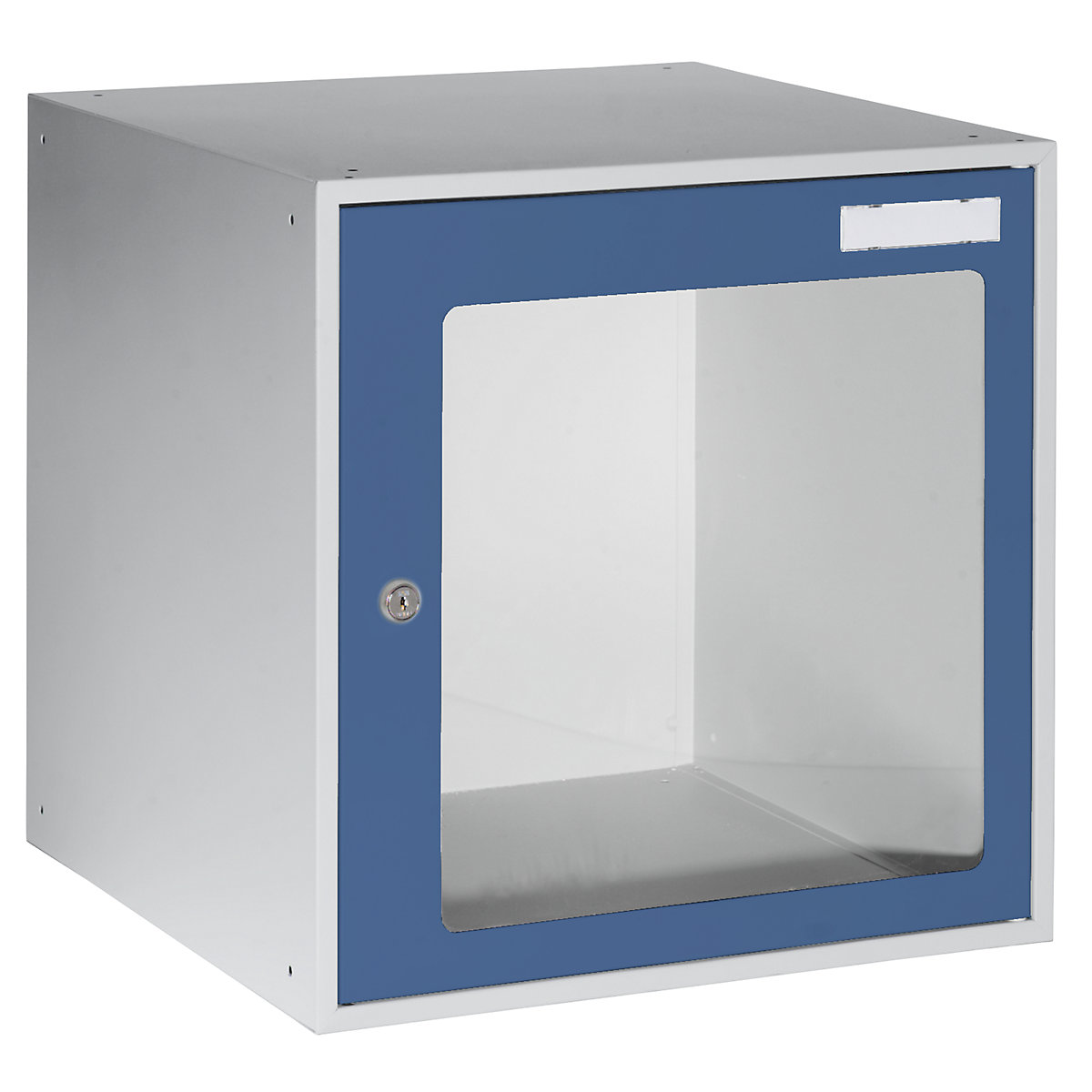 EUROKRAFTbasic – Casier verrouillable vitré, h x l x p 450 x 450 x 450 mm, cadre de porte bleu gentiane RAL 5010