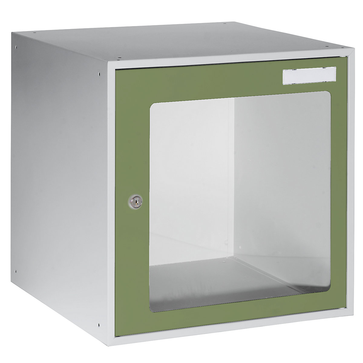 EUROKRAFTbasic – Casier verrouillable vitré, h x l x p 450 x 450 x 450 mm, cadre de porte vert réséda RAL 6011