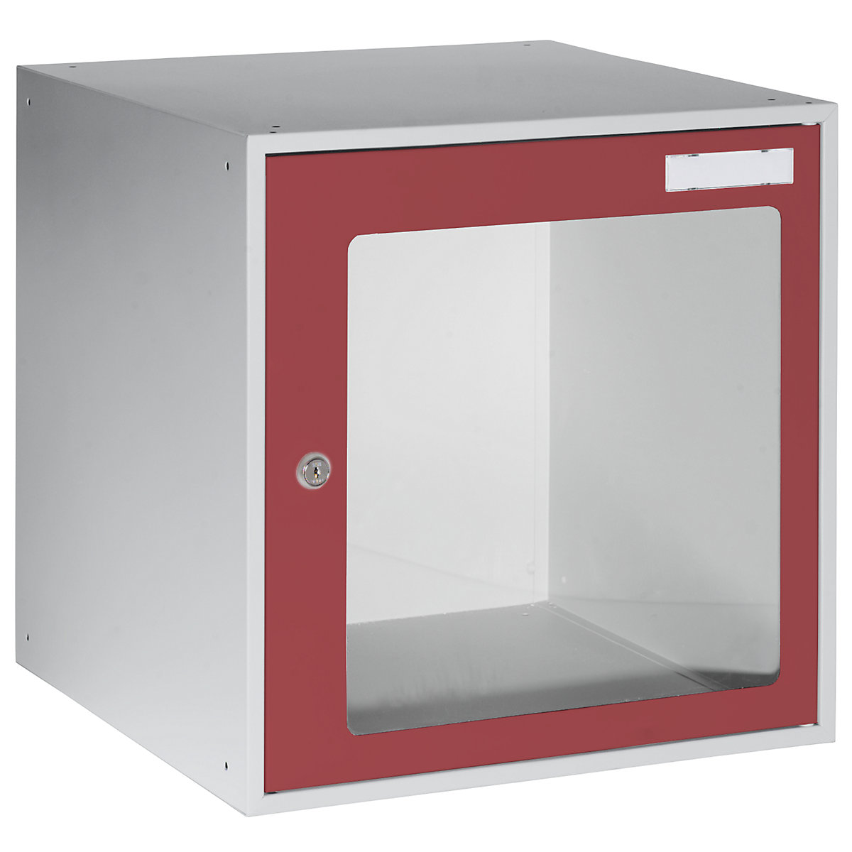 EUROKRAFTbasic – Casier verrouillable vitré, h x l x p 450 x 450 x 450 mm, cadre de porte rouge feu RAL 3000