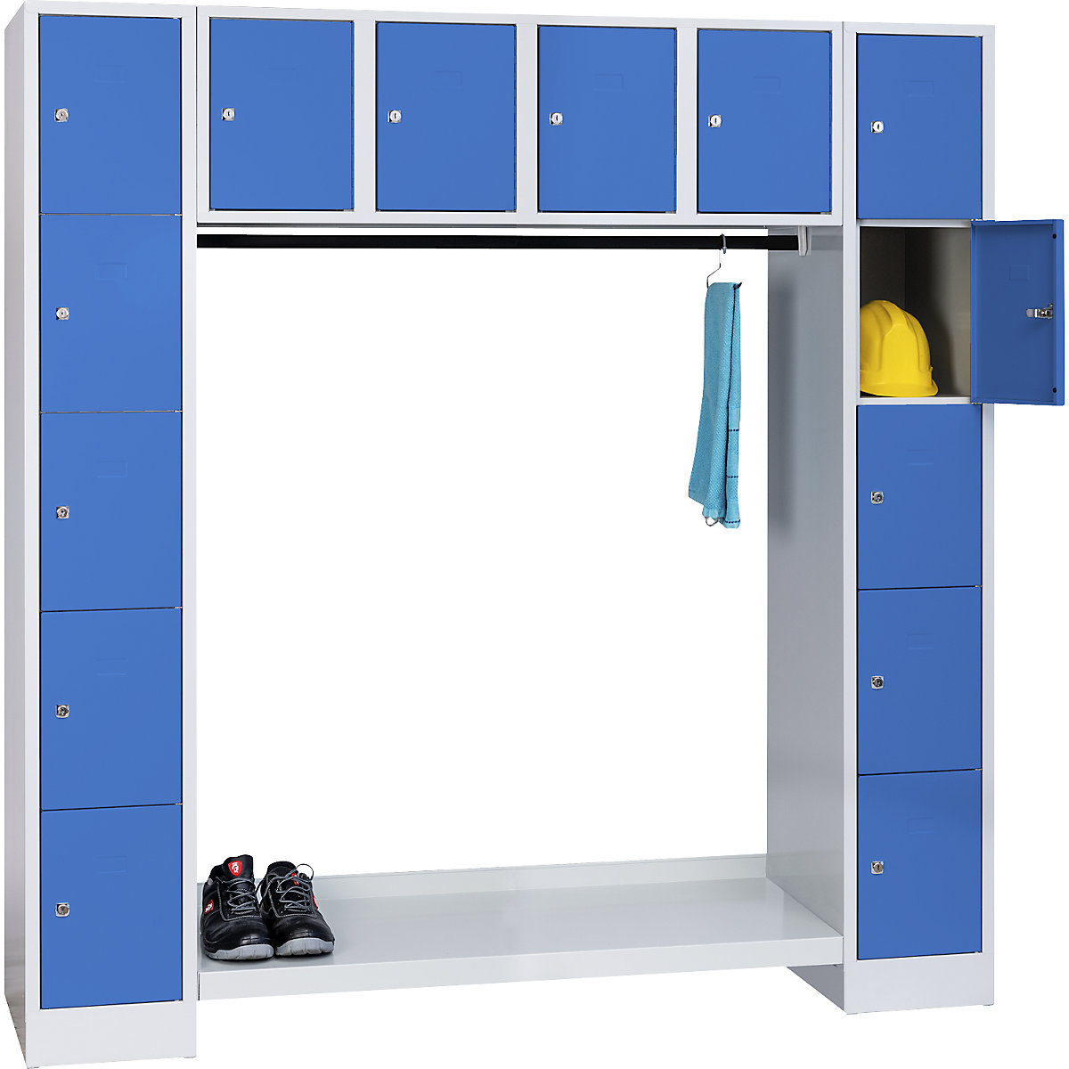 Wolf – Système modulaire de vestiaires ouverts, h x l h.t. 1850 x 1800 mm, 14 casiers, bleu clair