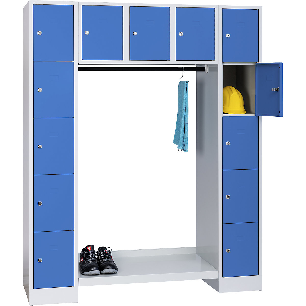 Wolf – Système modulaire de vestiaires ouverts, h x l h.t. 1850 x 1500 mm, 13 casiers, bleu clair