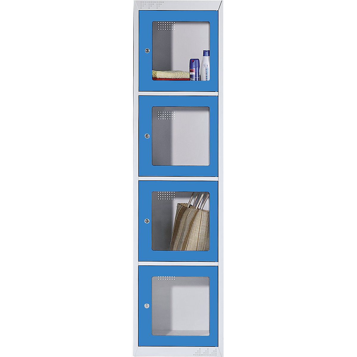 EUROKRAFTbasic – Vestiaire multicases avec vitre, 4 compartiments avec fenêtre, gris clair / bleu clair, élément additionnel