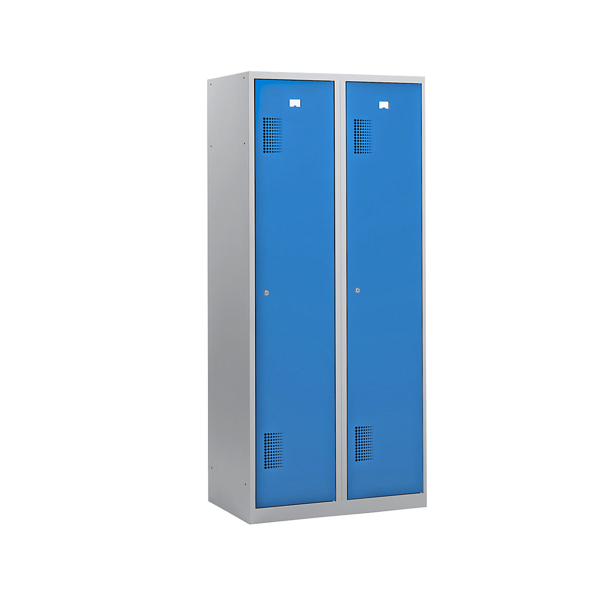EUROKRAFTbasic – Vestiaire, largeur 800 mm, 2 compartiments de 398 mm, serrure à cylindre, corps gris clair, portes bleu clair