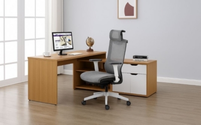 wood effect corner home office desk in a room on wooden flooring