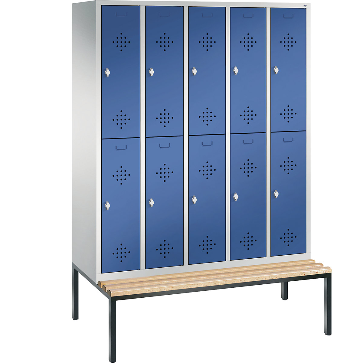 Armadietto guardaroba CLASSIC, a due piani, con panca integrata – C+P, 5 vani, 2 scomparti per vano, larghezza vani 300 mm, grigio chiaro / blu genziana-8