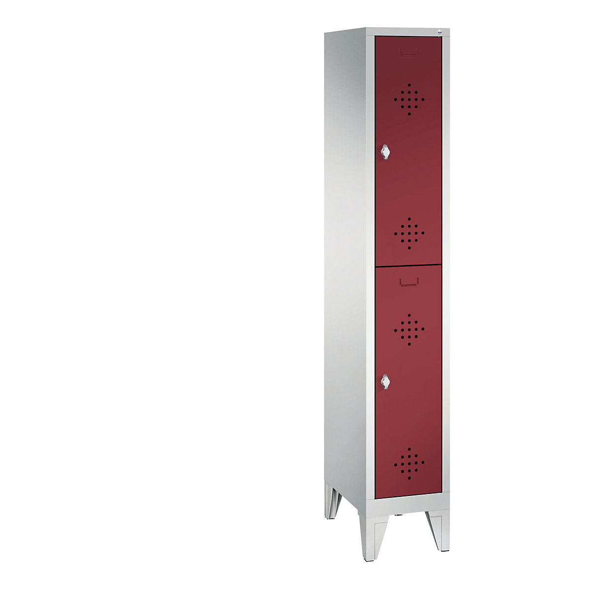 Armadietto guardaroba CLASSIC, a due piani, con piedini – C+P, 1 vano, 2 scomparti per vano, larghezza vano 300 mm, grigio chiaro / rosso rubino-11