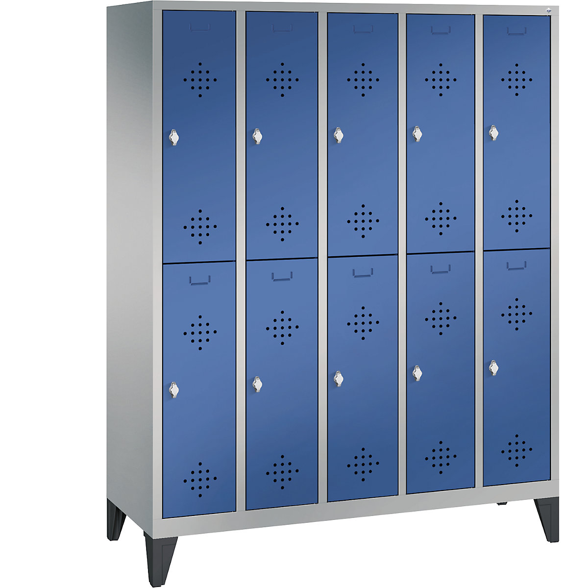 Armadietto guardaroba CLASSIC, a due piani, con piedini – C+P, 5 vani, 2 scomparti per vano, larghezza vani 300 mm, alluminio brillante / blu genziana-11