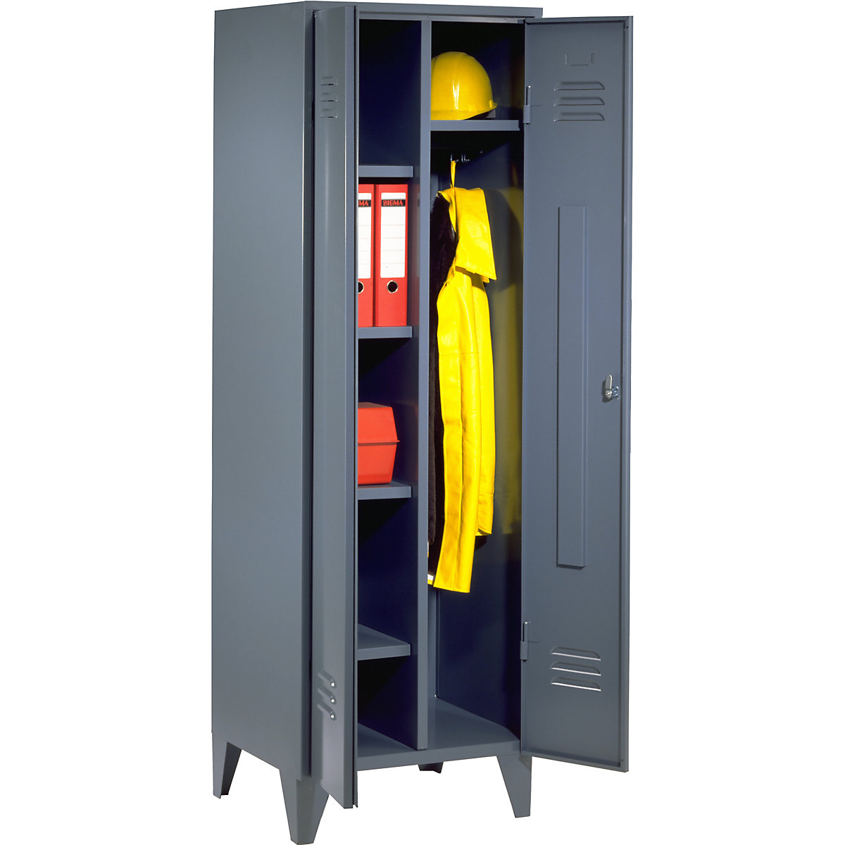 Armadio in acciaio – Wolf, armadio portamateriali con piedini, grigio-azzurro RAL 7031-9