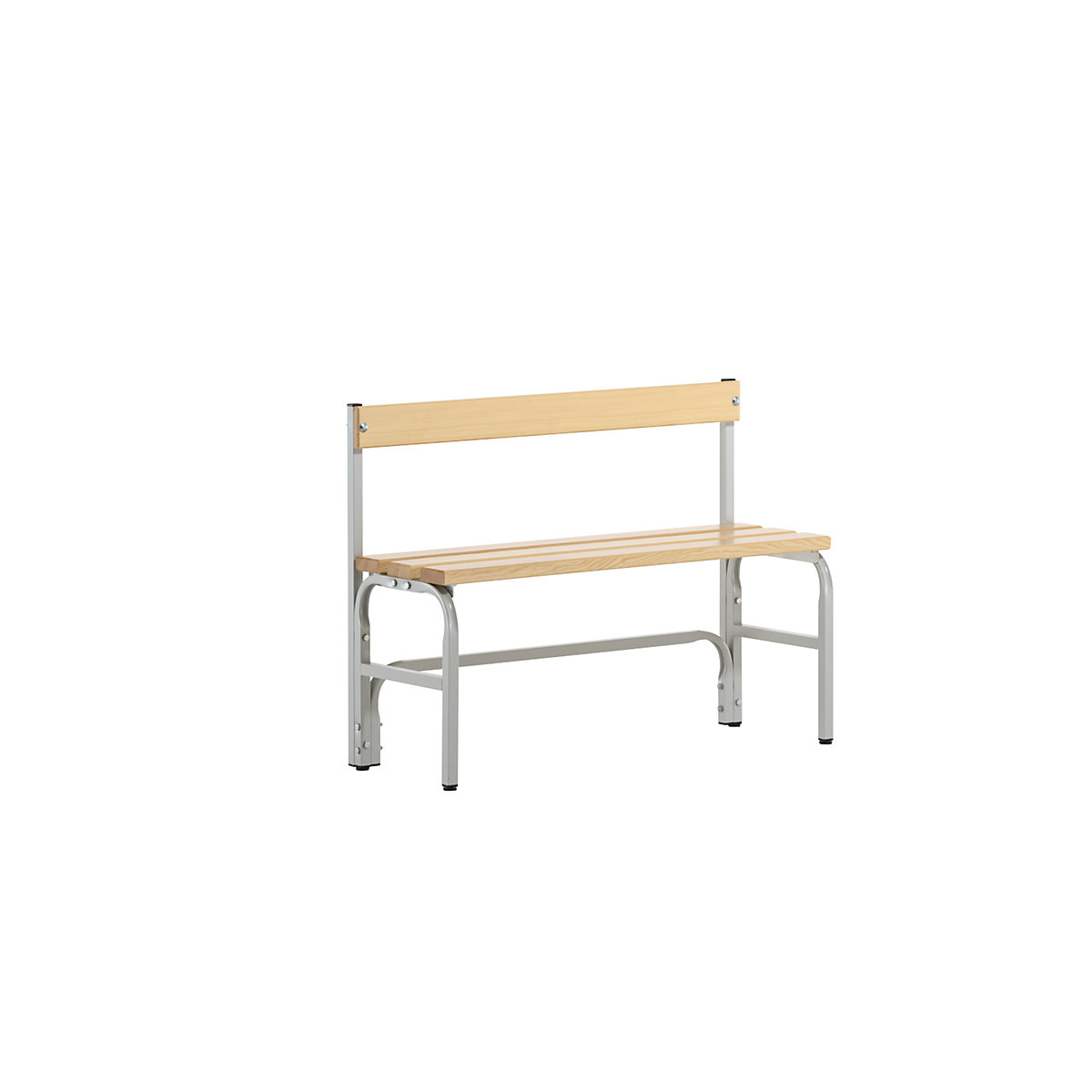 Panca per spogliatoi, altezza media con schienale, un lato utile – Sypro, doghe in legno di pino, lunghezza 1015 mm, grigio chiaro