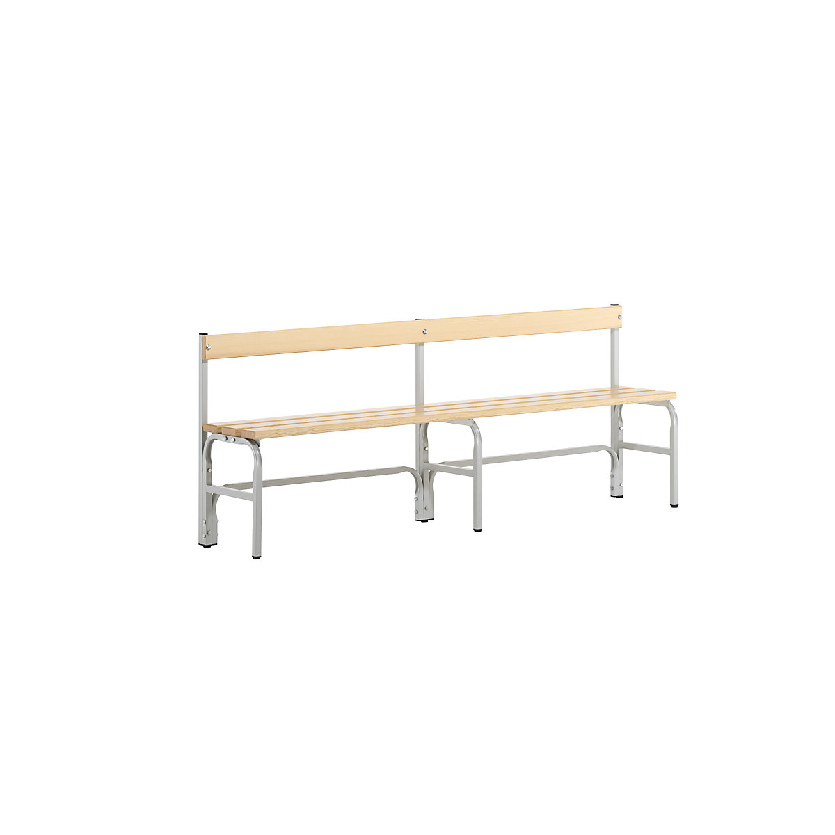 Sypro – Panca per spogliatoi, altezza media con schienale, un lato utile, doghe in legno di pino, lunghezza 2000 mm, grigio chiaro