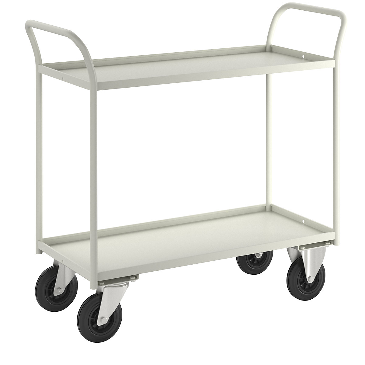 Carrello di servizio KM41 – Kongamek, 2 ripiani con alzatina, lungh. x largh. x alt. 1080 x 450 x 1000 mm, bianco, 2 rotelle pivottanti e 2 rotelle a supporto fisso-5