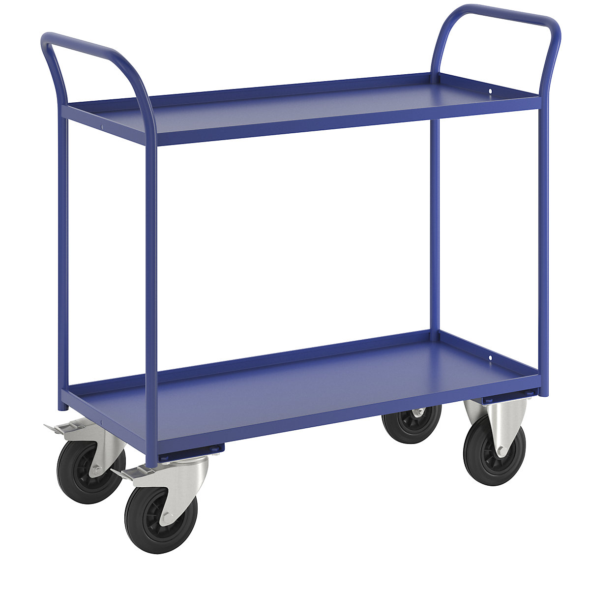 Carrello di servizio KM41 – Kongamek, 2 ripiani con alzatina, lungh. x largh. x alt. 1080 x 450 x 1000 mm, blu, 2 rotelle pivottanti con fermo, 2 rotelle a supporto fisso-6