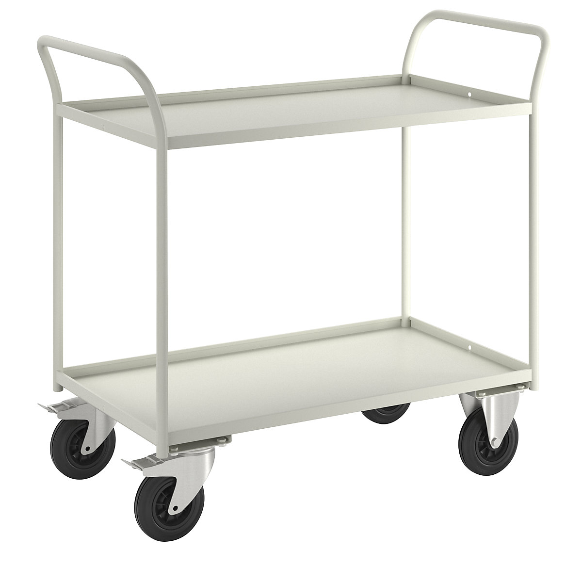 Carrello di servizio KM41 – Kongamek, 2 ripiani con alzatina, lungh. x largh. x alt. 1070 x 550 x 1000 mm, bianco, 2 rotelle pivottanti con fermo, 2 rotelle a supporto fisso-5