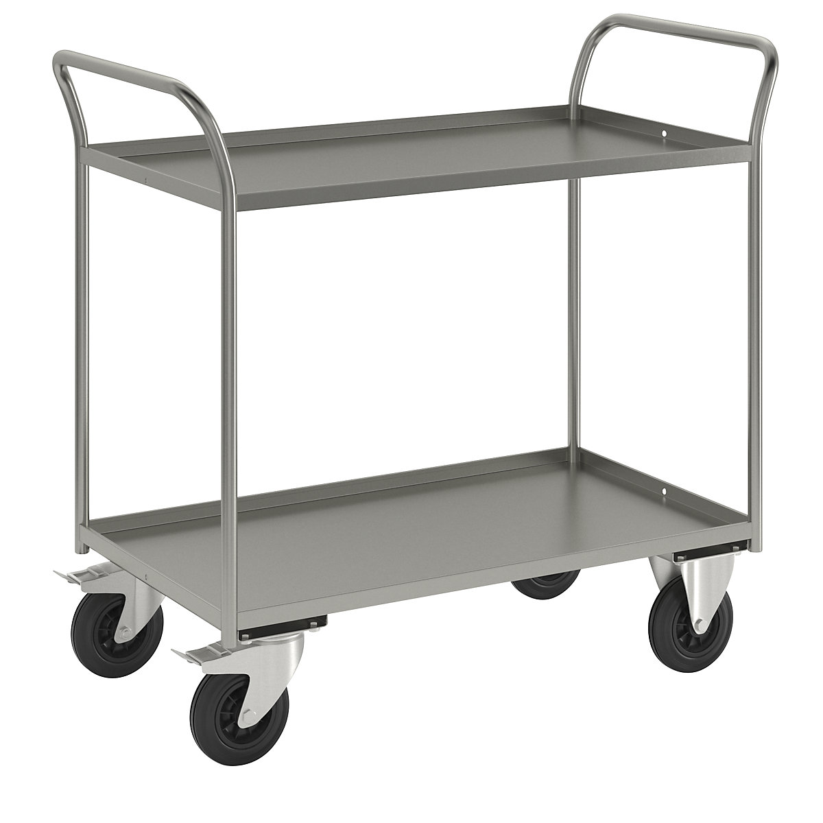 Carrello di servizio KM41 – Kongamek, 2 ripiani con alzatina, lungh. x largh. x alt. 1070 x 550 x 1000 mm, zincatura, 2 rotelle pivottanti con fermo, 2 rotelle a supporto fisso-6