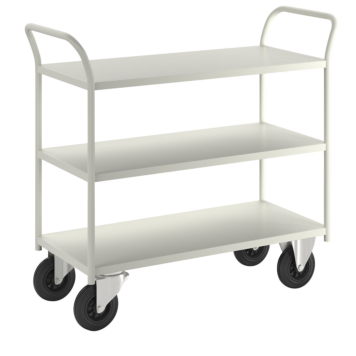 Carrello di servizio KM41 – Kongamek, 3 ripiani, lungh. x largh. x alt. 1080 x 450 x 975 mm, bianco, 2 rotelle pivottanti e 2 rotelle a supporto fisso-6