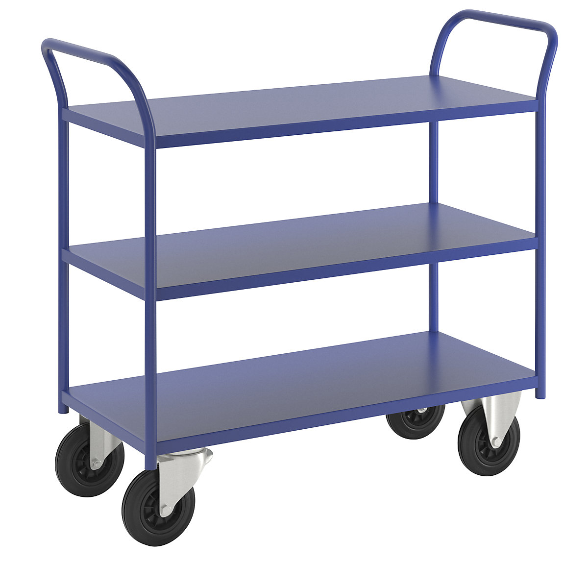 Carrello di servizio KM41 – Kongamek, 3 ripiani, lungh. x largh. x alt. 1080 x 450 x 975 mm, blu, 2 rotelle pivottanti e 2 rotelle a supporto fisso-9