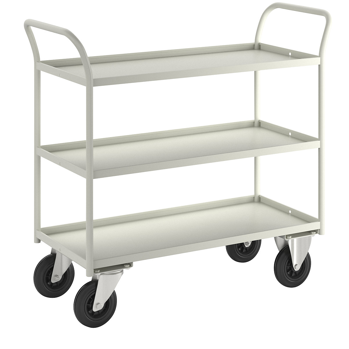 Carrello di servizio KM41 – Kongamek, 3 ripiani con alzatina, lungh. x largh. x alt. 1080 x 450 x 1000 mm, bianco, 2 rotelle pivottanti e 2 rotelle a supporto fisso-7