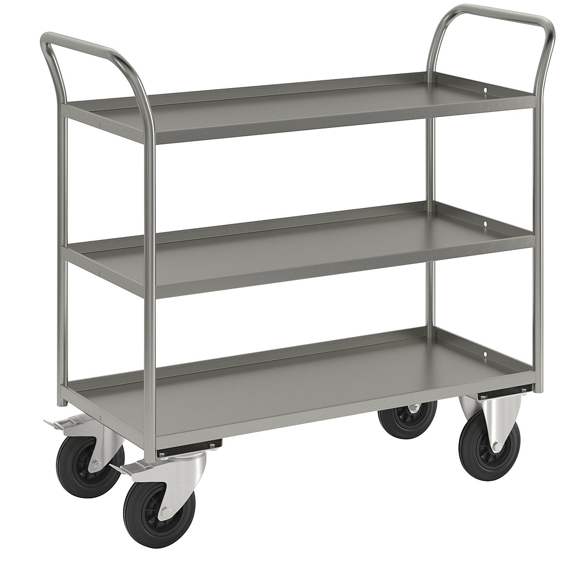 Carrello di servizio KM41 – Kongamek, 3 ripiani con alzatina, lungh. x largh. x alt. 1080 x 450 x 1000 mm, zincatura, 2 rotelle pivottanti con fermo, 2 rotelle a supporto fisso-5