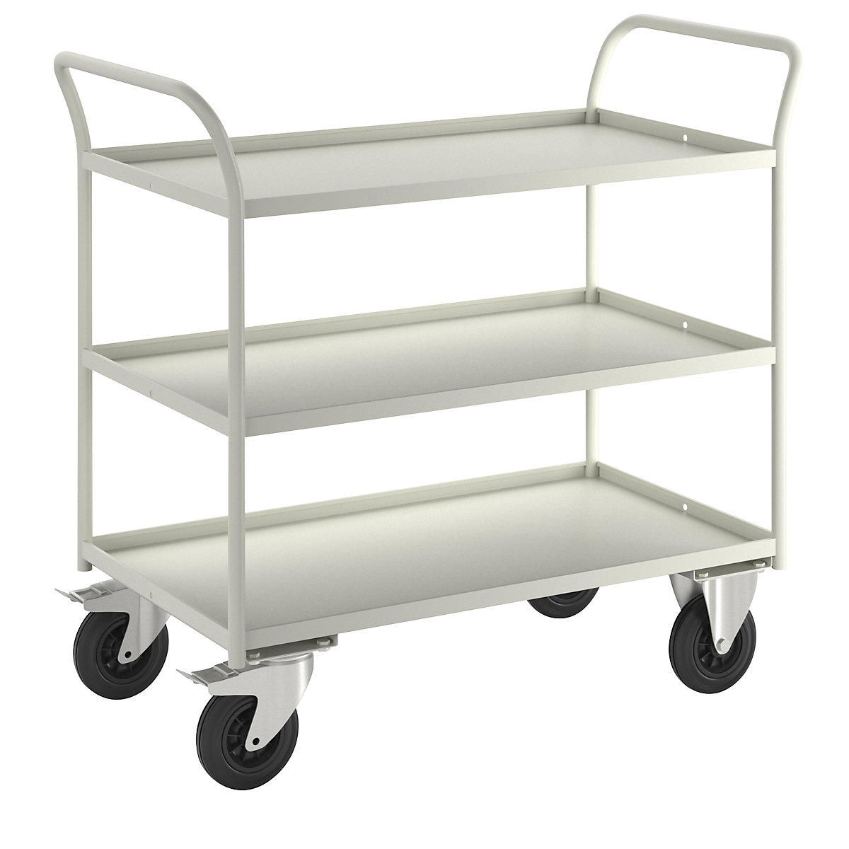 Carrello di servizio KM41 – Kongamek, 3 ripiani con alzatina, lungh. x largh. x alt. 1070 x 550 x 1000 mm, bianco, 2 rotelle pivottanti con fermo, 2 rotelle a supporto fisso-7