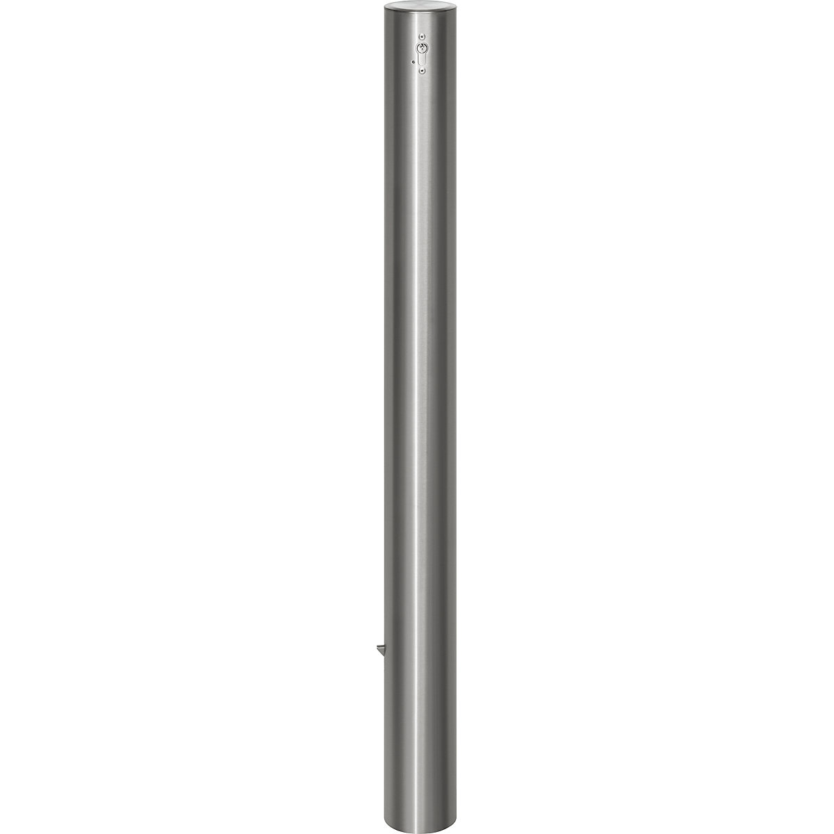 Edelstahl-Sperrpfosten, mit Flachkopf, Bodenhülse zum Einbetonieren, Ø 102 mm, Profilzylinder