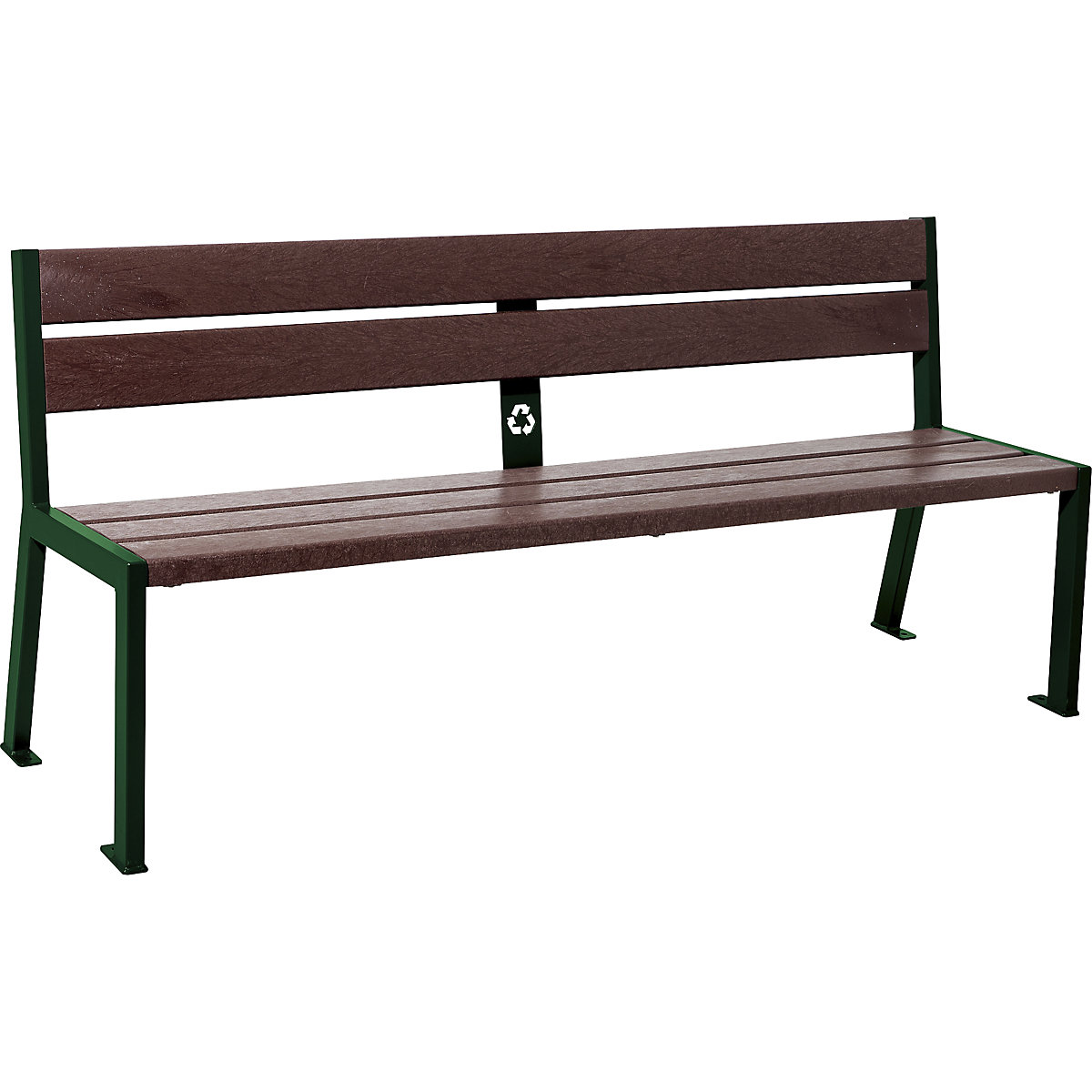 PROCITY Sitzbank SILAOS® aus Recycling-Kunststoff, mit Rückenlehne, moosgrün RAL 6005, braun, 5 Sitz- und Lehnenbohlen