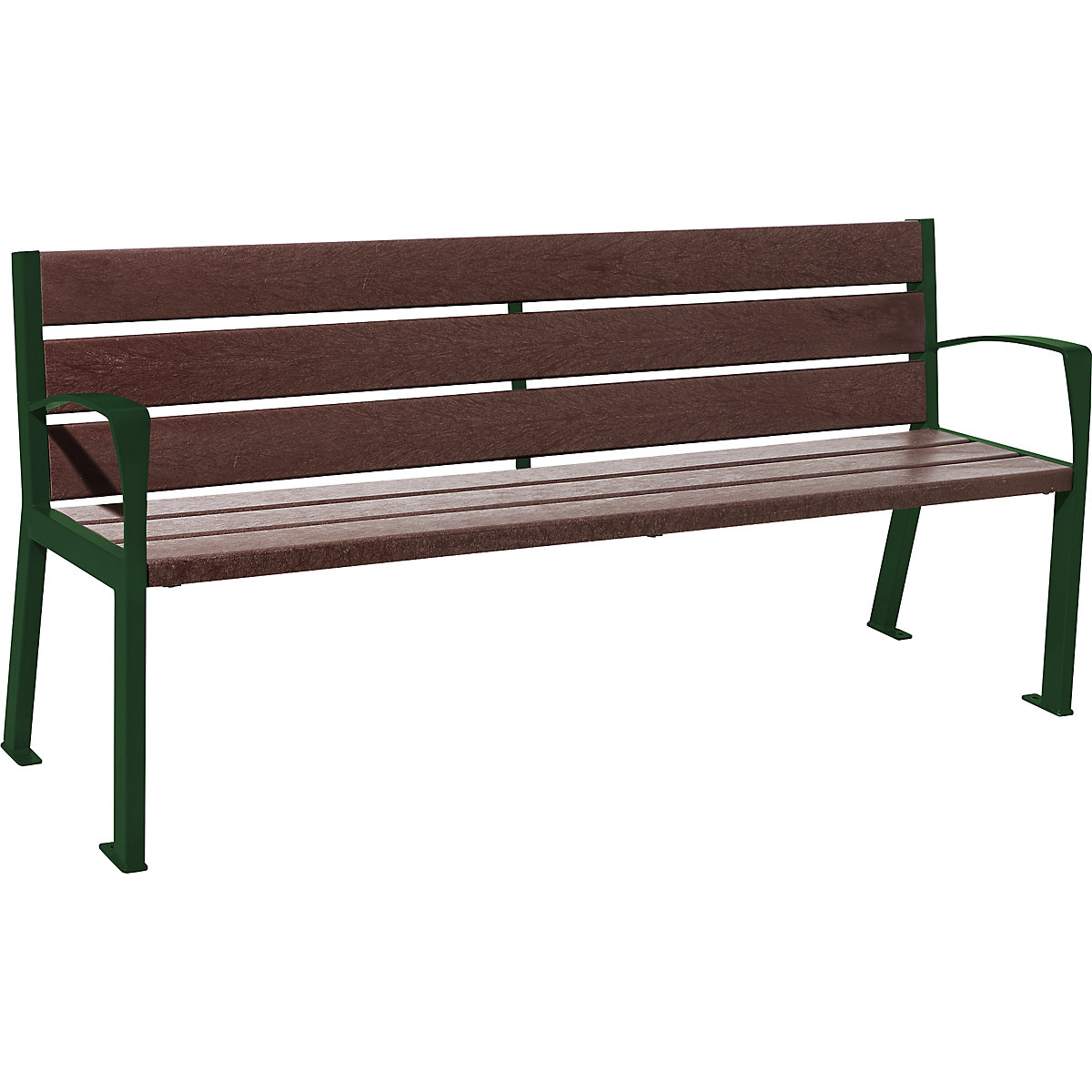 PROCITY Sitzbank SILAOS® aus Recycling-Kunststoff, mit Rückenlehne, moosgrün RAL 6005, braun, Standardarmlehnen, 6 Sitz- und Lehnenbohlen