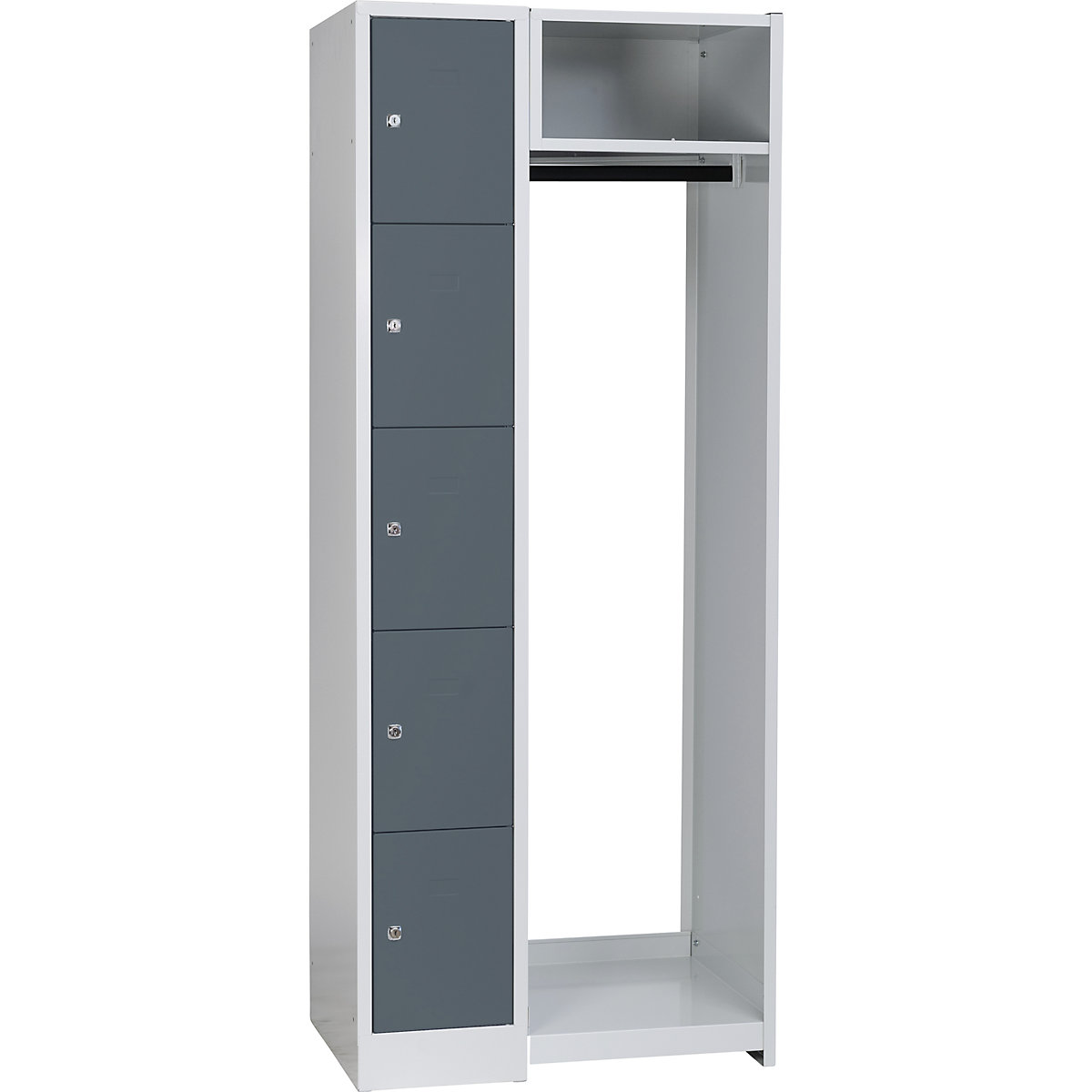 Armadietto a scomparti modulare Dresden – Wolf, 5 scomparti, 1 appendiabiti, largh. 750 mm, grigio chiaro / grigio basalto-3
