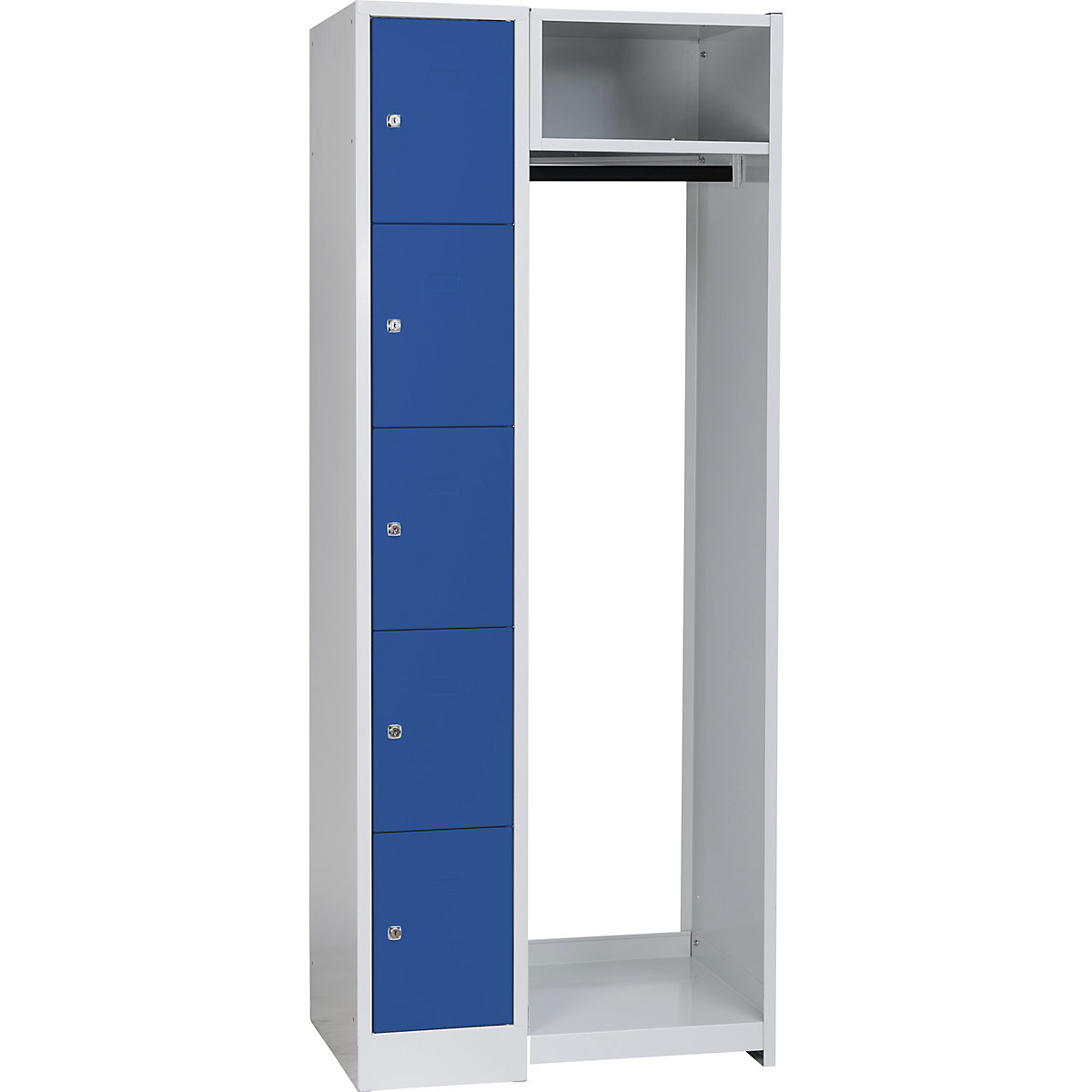 Armadietto a scomparti modulare Dresden – Wolf, 5 scomparti, 1 appendiabiti, largh. 750 mm, grigio chiaro / blu genziana-5