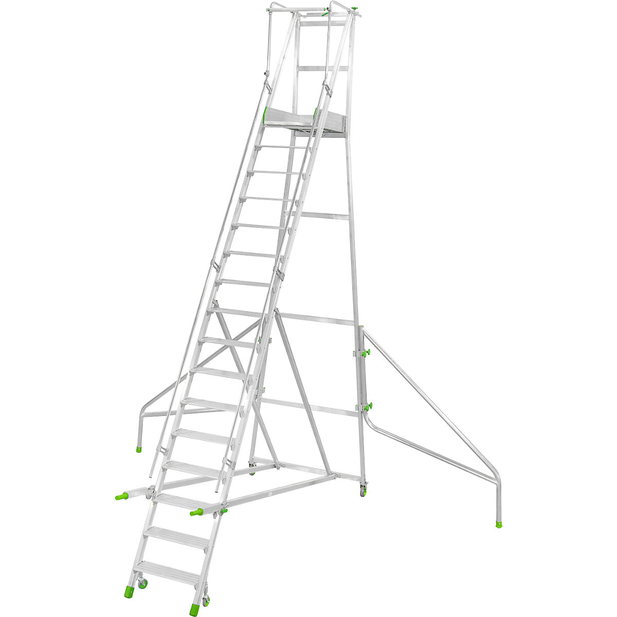 Scala a palchetto in alluminio con rotelle, pieghevole, con gradini in alluminio striato, 16 gradini incl. piattaforma-5