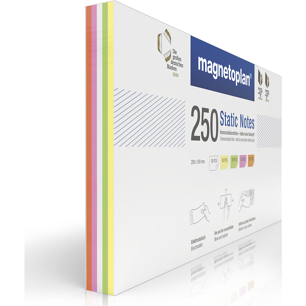 magnetoplan Static Notes Haftnotizen, VE 250 Stk, farbig sortiert, HxB 200 x 100 mm