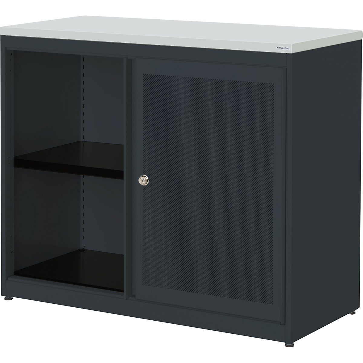 mauser Schiebetürenschrank, akustisch wirksam, Kunststoffplatte, HxBxT 830 x 1000 x 432 mm, 1 Fachboden, anthrazitgrau / anthrazitgrau / lichtgrau
