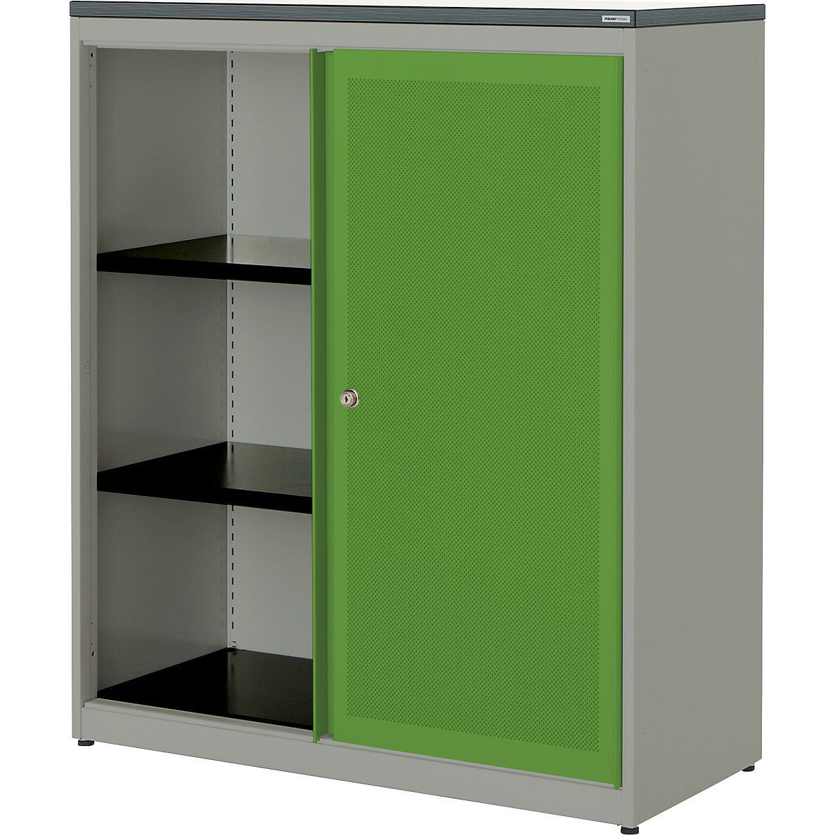 mauser Schiebetürenschrank, akustisch wirksam, Kunststoffplatte, HxBxT 1180 x 1000 x 432 mm, 2 Fachböden, weißaluminium / gelbgrün / weiß