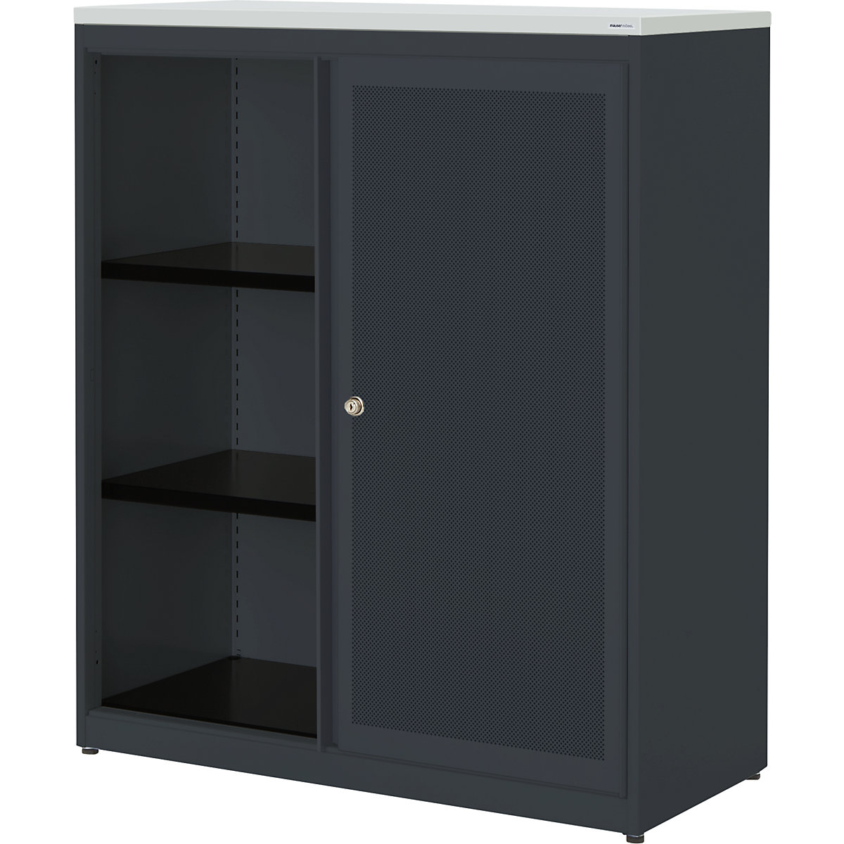 mauser Schiebetürenschrank, akustisch wirksam, Kunststoffplatte, HxBxT 1180 x 1000 x 432 mm, 2 Fachböden, anthrazitgrau / anthrazitgrau / lichtgrau
