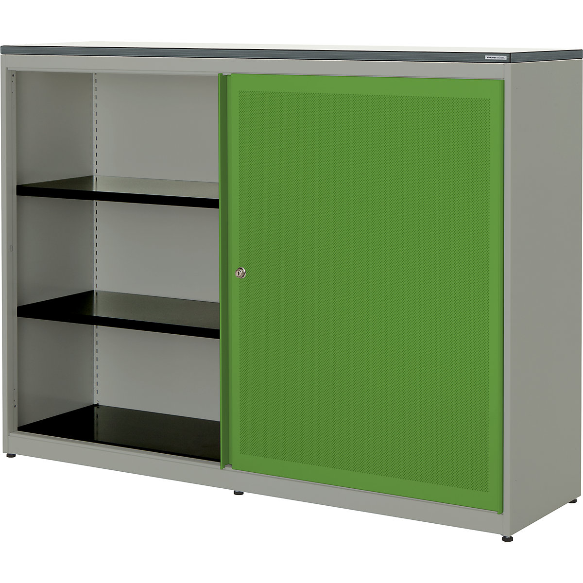 mauser Schiebetürenschrank, akustisch wirksam, Kunststoffplatte, HxBxT 1180 x 1600 x 432 mm, 2 x 2 Fachböden, weißaluminium / gelbgrün / weiß