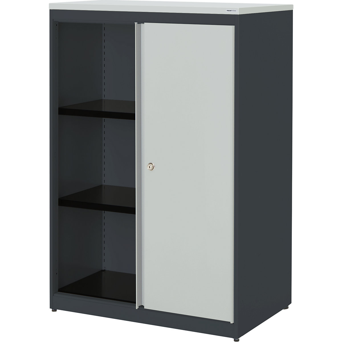 mauser Schiebetürenschrank, HxBxT 1180 x 800 x 432 mm, Kunststoffplatte, 2 Fachböden, anthrazitgrau / lichtgrau / lichtgrau