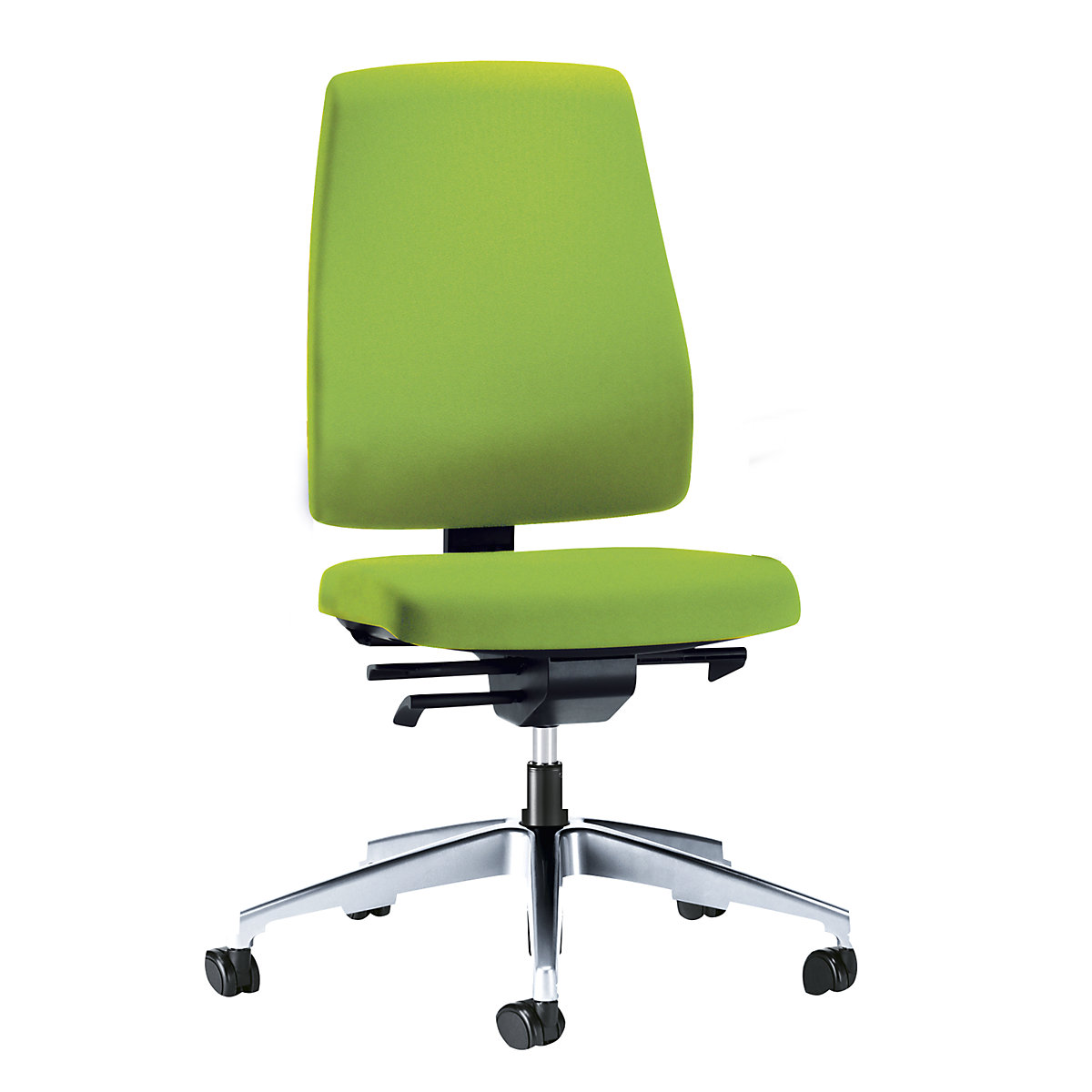 Bürodrehstuhl GOAL, Rückenlehnenhöhe 530 mm interstuhl, Gestell poliert, mit weichen Rollen, gelbgrün, Sitztiefe 410 mm