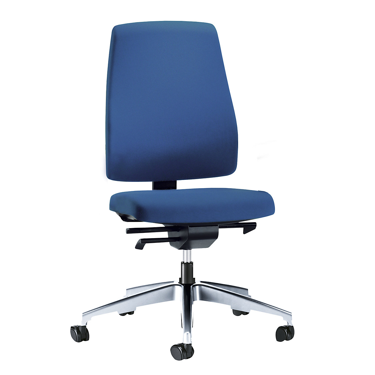 Bürodrehstuhl GOAL, Rückenlehnenhöhe 530 mm interstuhl, Gestell poliert, mit weichen Rollen, enzianblau, Sitztiefe 410 – 460 mm