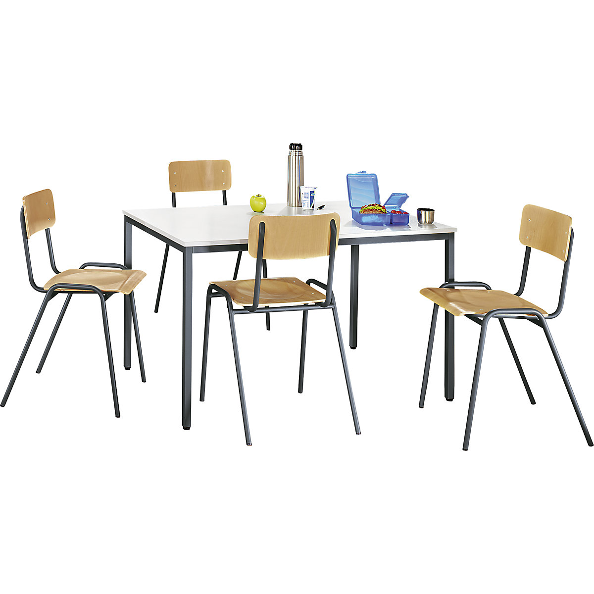EUROKRAFTbasic Mehrzweck-Sitzgruppe, 1 Tisch, 4 Stühle, Tischplatte lichtgrau, Gestell basaltgrau